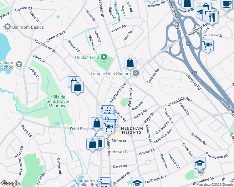 map of restaurants, bars, coffee shops, grocery stores, and more near 740 Highland Avenue in Needham