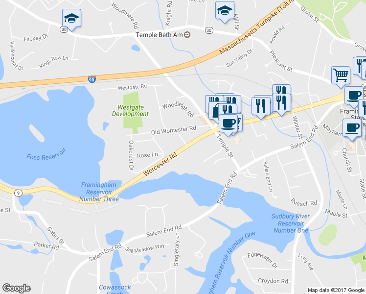 map of restaurants, bars, coffee shops, grocery stores, and more near 1323 Worcester Road in Framingham