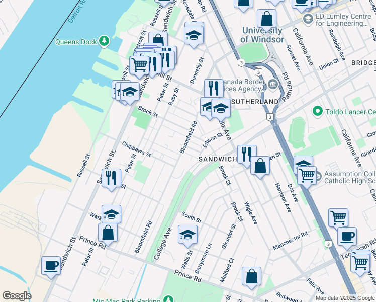 map of restaurants, bars, coffee shops, grocery stores, and more near 692 Saint Joseph Street in Windsor