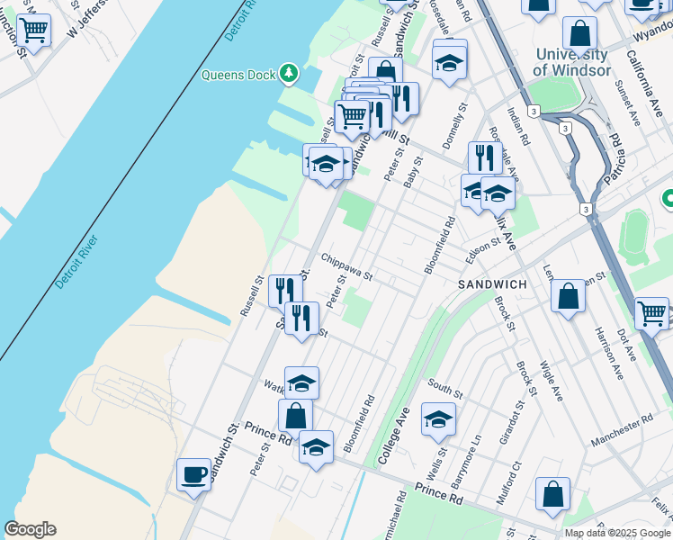 map of restaurants, bars, coffee shops, grocery stores, and more near in Windsor