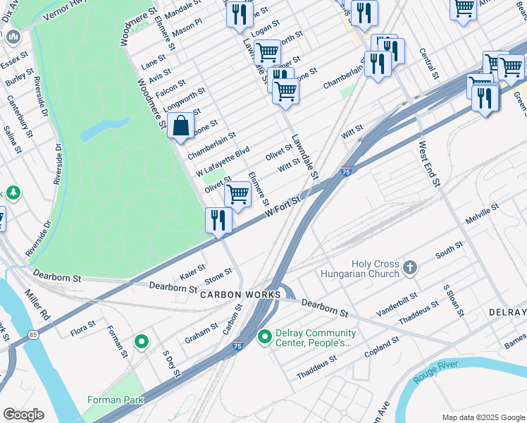 map of restaurants, bars, coffee shops, grocery stores, and more near 9132 West Fort Street in Detroit