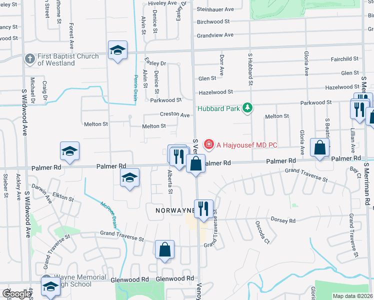 map of restaurants, bars, coffee shops, grocery stores, and more near 1660 South Venoy Road in Westland