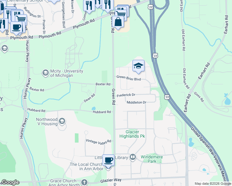 map of restaurants, bars, coffee shops, grocery stores, and more near in Ann Arbor