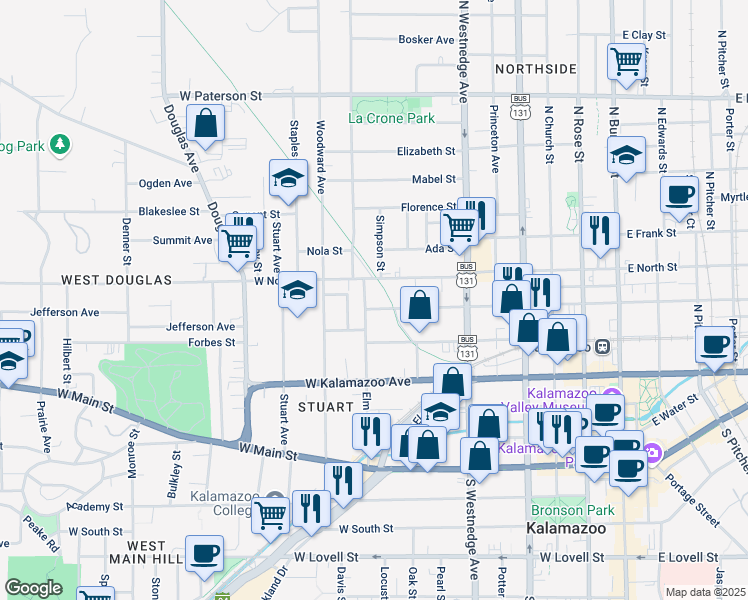 map of restaurants, bars, coffee shops, grocery stores, and more near 609 Elm Street in Kalamazoo