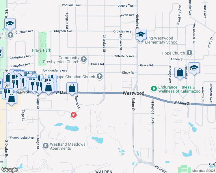 map of restaurants, bars, coffee shops, grocery stores, and more near 522 Cherokee Street in Kalamazoo