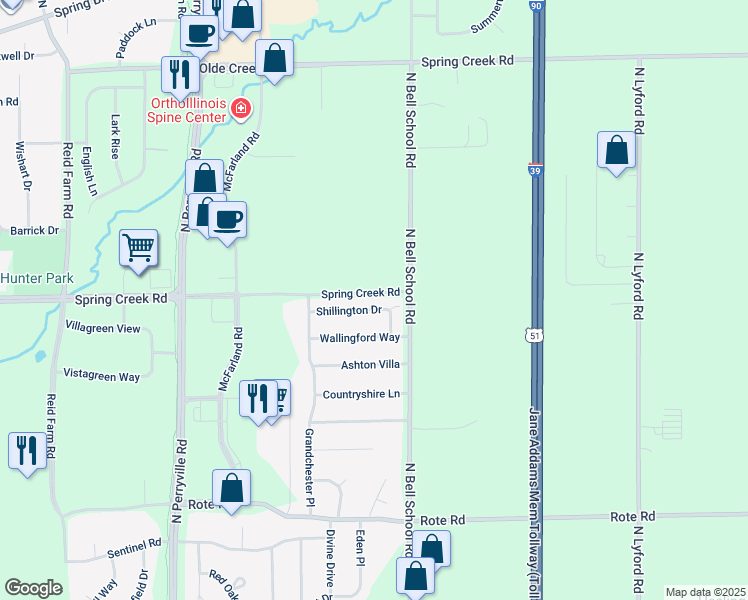 map of restaurants, bars, coffee shops, grocery stores, and more near 7360 Shillington Drive in Rockford