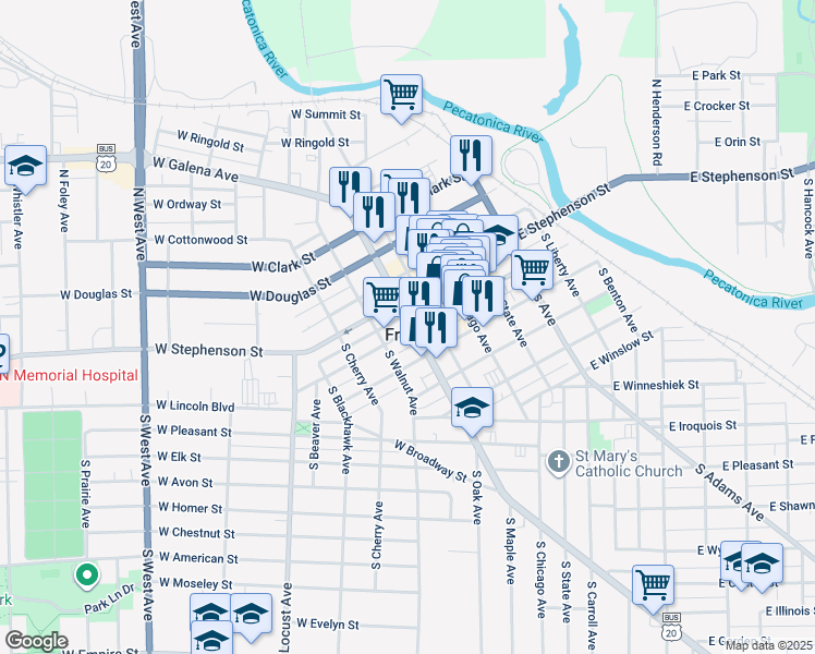 map of restaurants, bars, coffee shops, grocery stores, and more near 208 West Main Street in Freeport