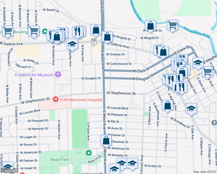 map of restaurants, bars, coffee shops, grocery stores, and more near 29 North Grove Avenue in Freeport