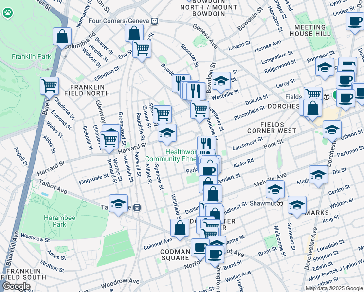 map of restaurants, bars, coffee shops, grocery stores, and more near 32 Bradlee Street in Boston