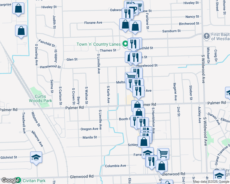 map of restaurants, bars, coffee shops, grocery stores, and more near 1584 South Parent Avenue in Westland