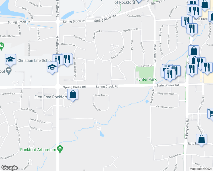 map of restaurants, bars, coffee shops, grocery stores, and more near 6326 Spring Creek Road in Rockford