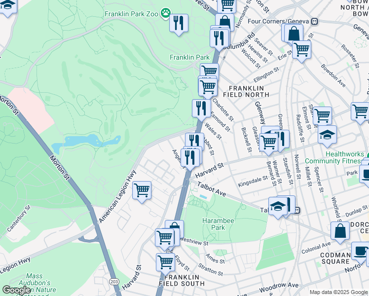 map of restaurants, bars, coffee shops, grocery stores, and more near 16 Calder Street in Boston