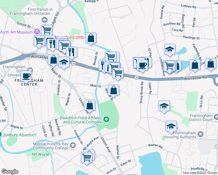 map of restaurants, bars, coffee shops, grocery stores, and more near 235 Walnut Street in Framingham