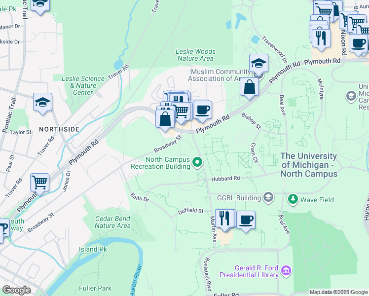 map of restaurants, bars, coffee shops, grocery stores, and more near 1760 Broadway Street in Ann Arbor