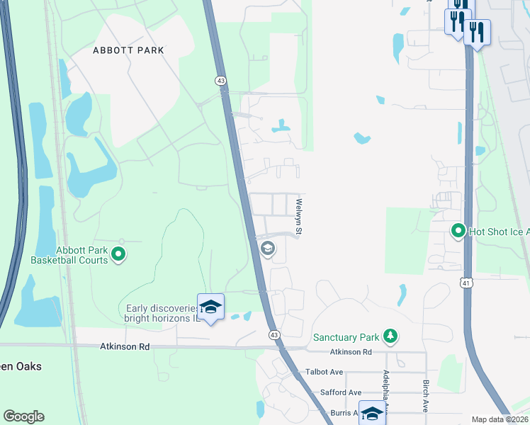 map of restaurants, bars, coffee shops, grocery stores, and more near 114 Hemstead Street in Lake Bluff