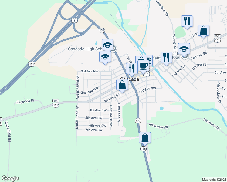 map of restaurants, bars, coffee shops, grocery stores, and more near 519 1st Avenue West in Cascade