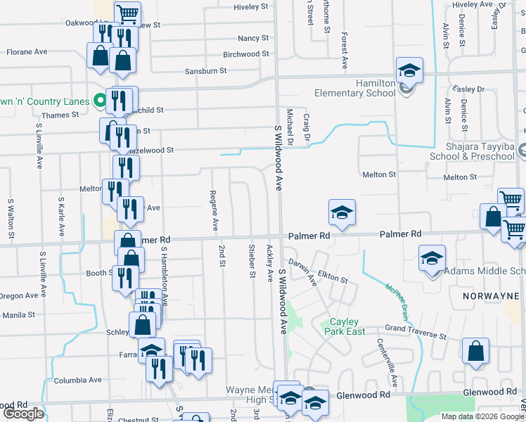 map of restaurants, bars, coffee shops, grocery stores, and more near 1701 Ackley Avenue in Westland