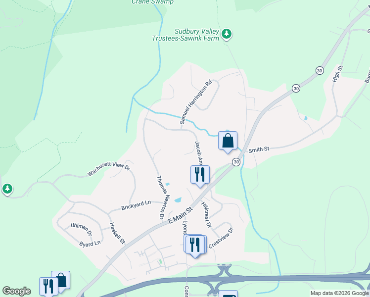 map of restaurants, bars, coffee shops, grocery stores, and more near 15 Jacob Amsden Road in Westborough