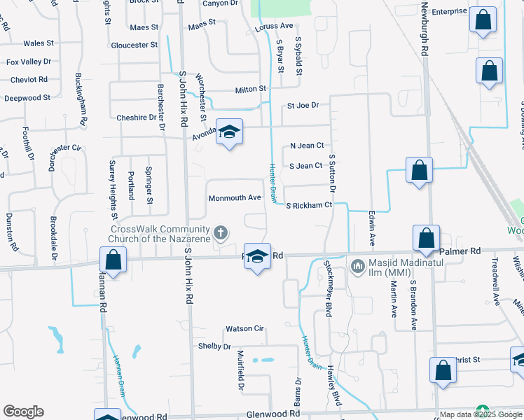 map of restaurants, bars, coffee shops, grocery stores, and more near 38480 Nellie Lane in Westland