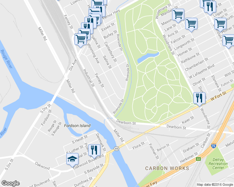 map of restaurants, bars, coffee shops, grocery stores, and more near 1258 Wyoming Avenue in Dearborn