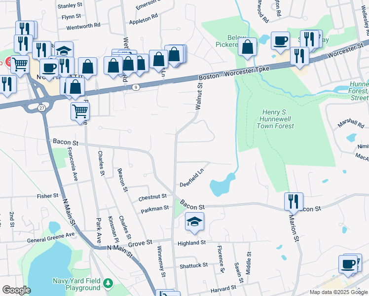 map of restaurants, bars, coffee shops, grocery stores, and more near 115 Walnut Street in Natick