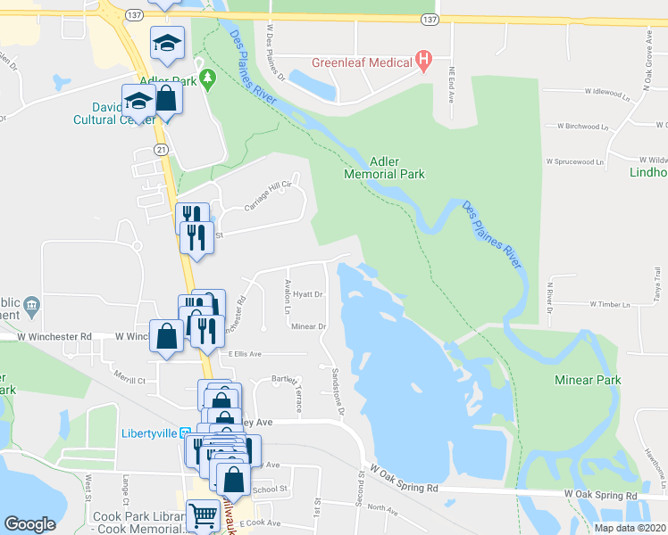 map of restaurants, bars, coffee shops, grocery stores, and more near 405 East Winchester Road in Libertyville