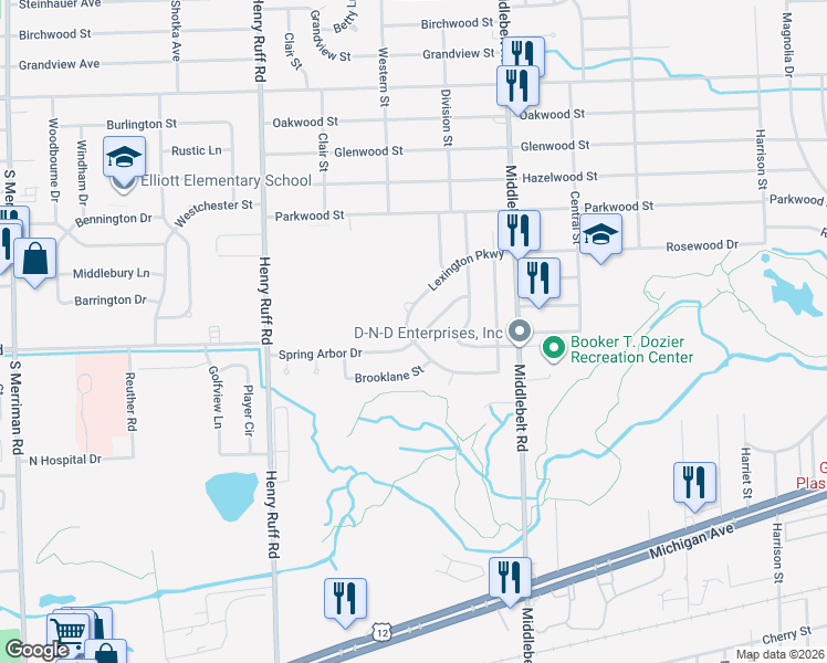 map of restaurants, bars, coffee shops, grocery stores, and more near 1783 Lexington Parkway in Inkster