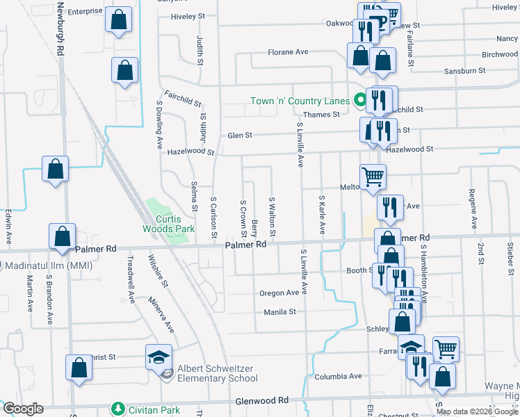 map of restaurants, bars, coffee shops, grocery stores, and more near 1641 South Berry Street in Westland