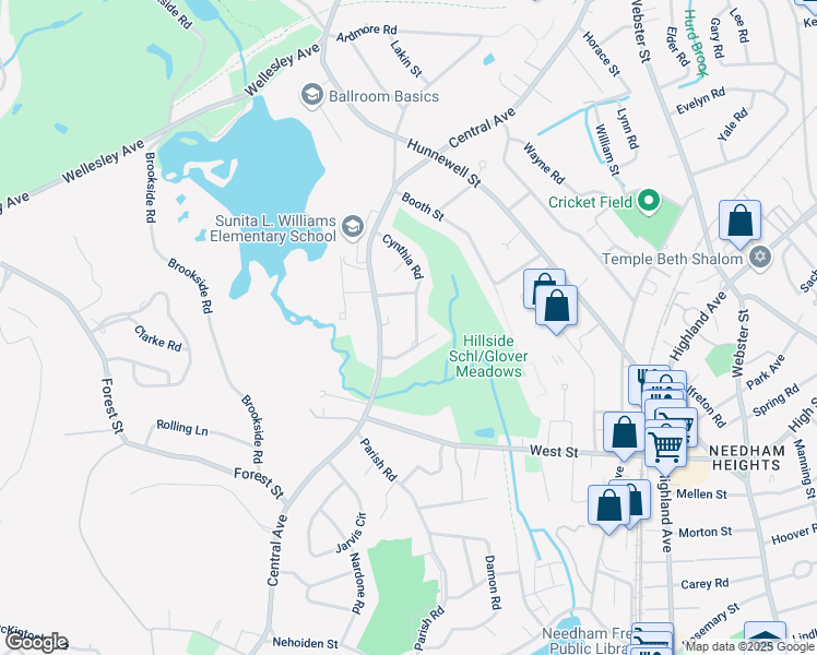 map of restaurants, bars, coffee shops, grocery stores, and more near 16 Cynthia Road in Needham