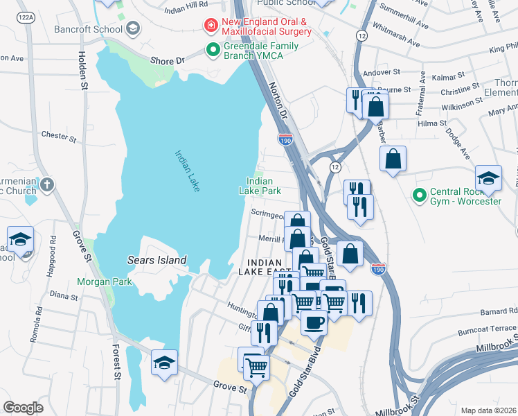 map of restaurants, bars, coffee shops, grocery stores, and more near 33 Sherburne Avenue in Worcester