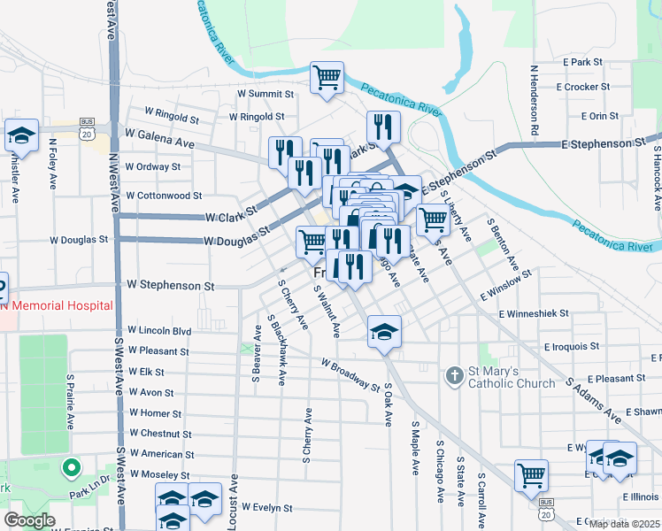 map of restaurants, bars, coffee shops, grocery stores, and more near 208 West Main Street in Freeport