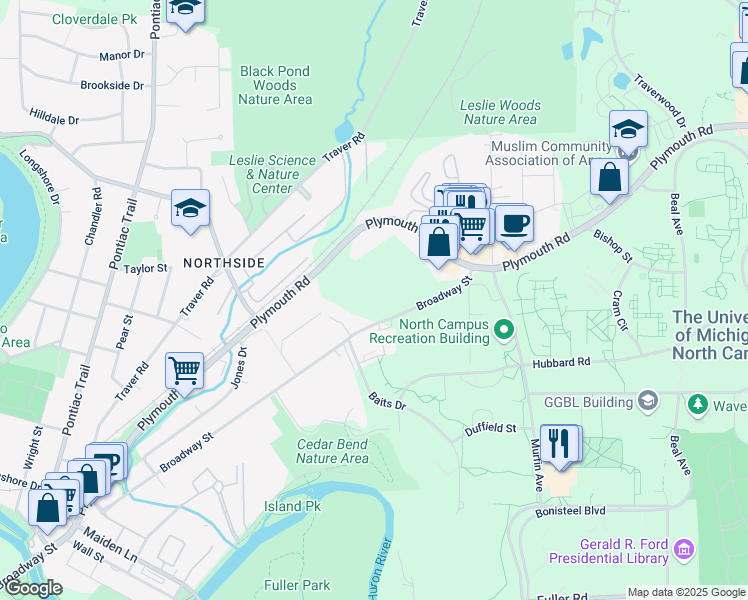 map of restaurants, bars, coffee shops, grocery stores, and more near 1683 Broadway Street in Ann Arbor