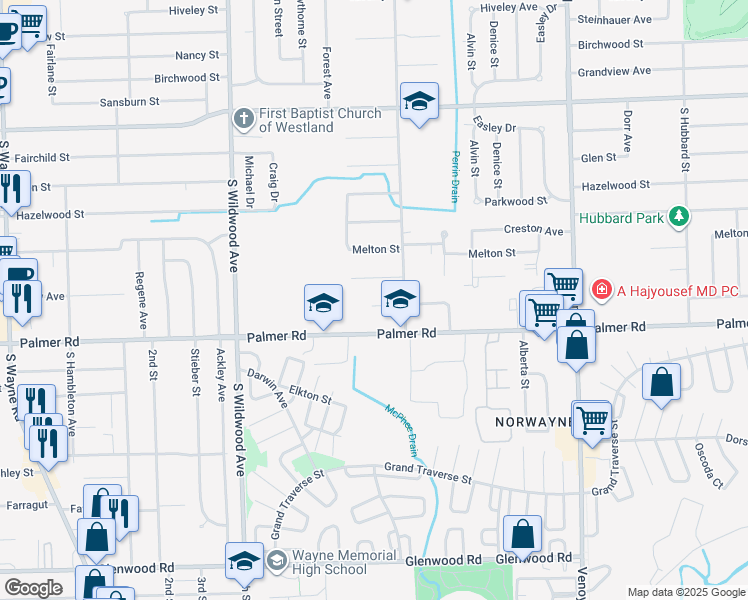 map of restaurants, bars, coffee shops, grocery stores, and more near 33690 Harvard Street in Westland