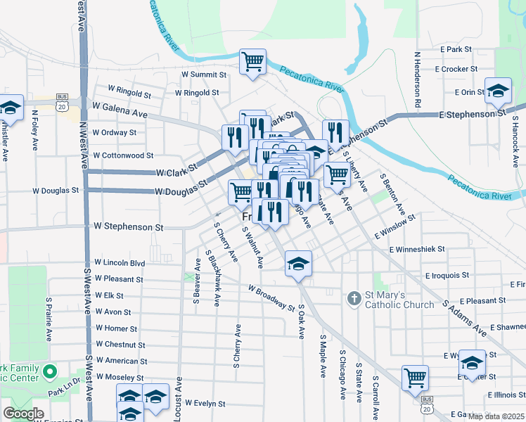 map of restaurants, bars, coffee shops, grocery stores, and more near 126 West Main Street in Freeport