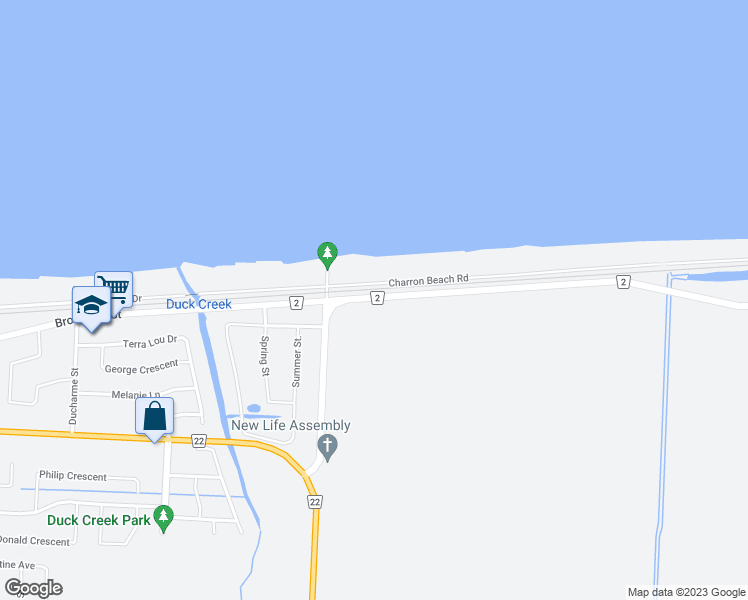 map of restaurants, bars, coffee shops, grocery stores, and more near 412 County Road 2 in Belle River