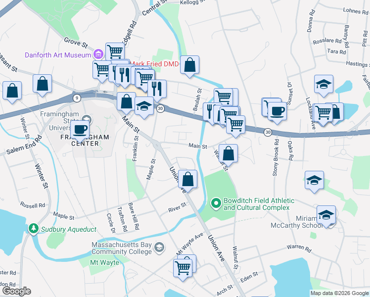map of restaurants, bars, coffee shops, grocery stores, and more near 69 Main Street in Framingham