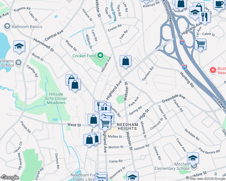 map of restaurants, bars, coffee shops, grocery stores, and more near 740 Highland Avenue in Needham