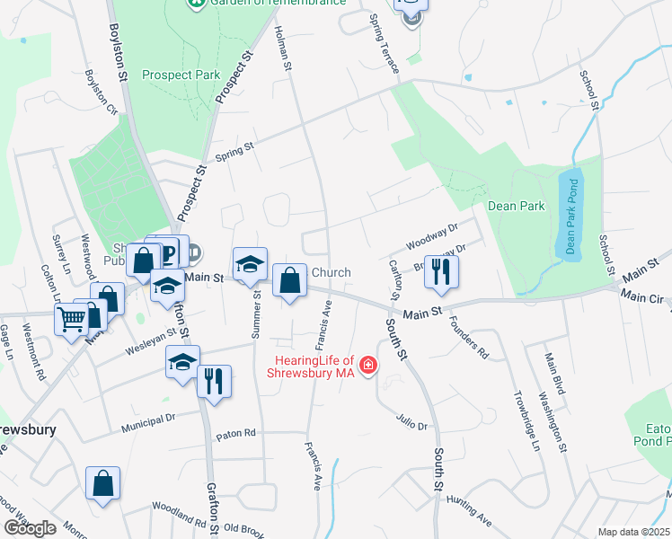 map of restaurants, bars, coffee shops, grocery stores, and more near 12 Holman Street in Shrewsbury