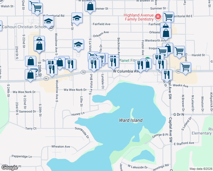map of restaurants, bars, coffee shops, grocery stores, and more near 138 Wa Wee Nork Drive in Battle Creek