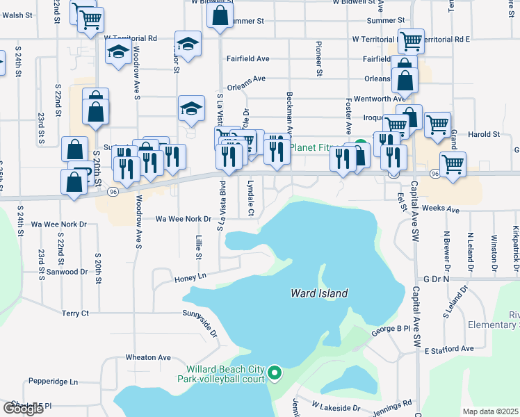 map of restaurants, bars, coffee shops, grocery stores, and more near 138 Wa Wee Nork Drive in Battle Creek
