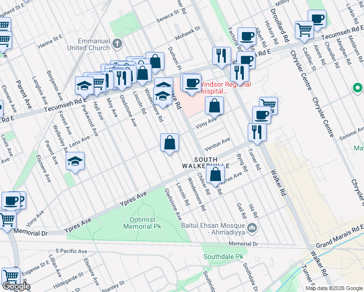 map of restaurants, bars, coffee shops, grocery stores, and more near 2329 Chilver Road in Windsor