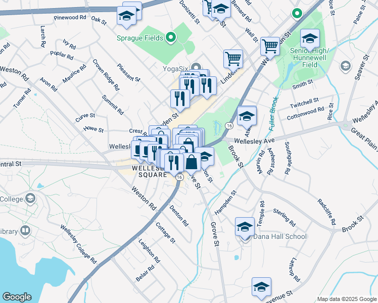 map of restaurants, bars, coffee shops, grocery stores, and more near in Wellesley