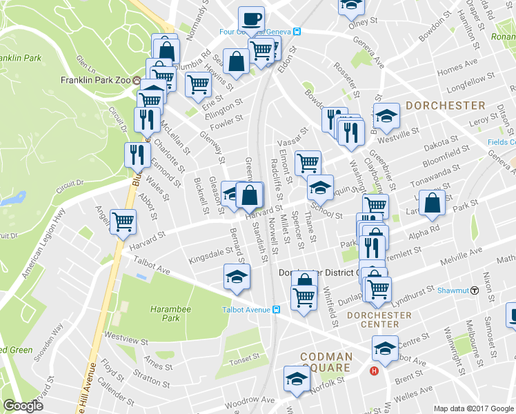 map of restaurants, bars, coffee shops, grocery stores, and more near 142 Greenwood Street in Boston