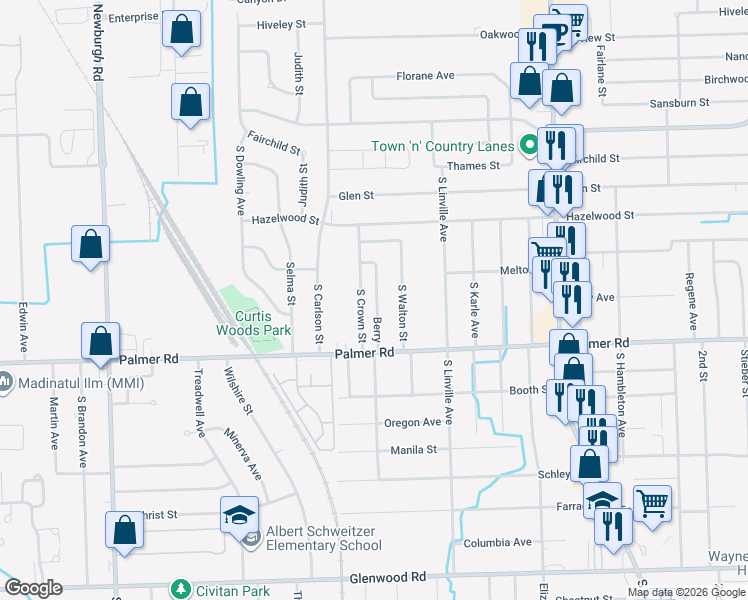 map of restaurants, bars, coffee shops, grocery stores, and more near 1641 South Berry Street in Westland