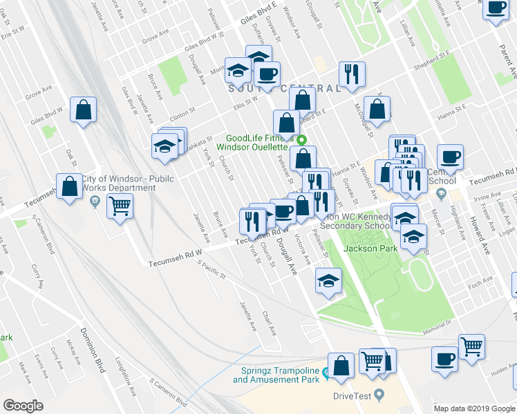 map of restaurants, bars, coffee shops, grocery stores, and more near 1593 Dougall Avenue in Windsor