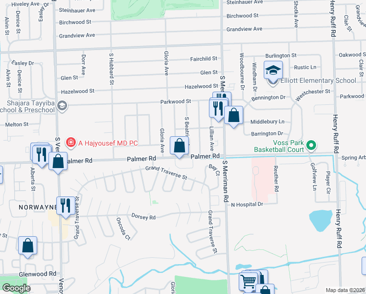 map of restaurants, bars, coffee shops, grocery stores, and more near 1682 Beatrice Street in Westland