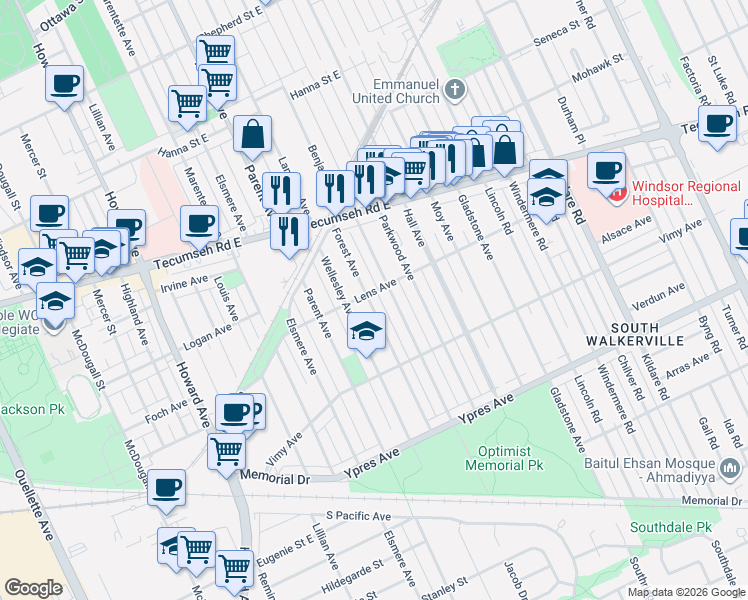 map of restaurants, bars, coffee shops, grocery stores, and more near 2208 Forest Avenue in Windsor