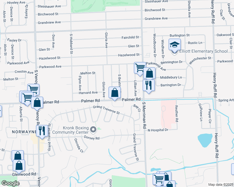 map of restaurants, bars, coffee shops, grocery stores, and more near 1682 Beatrice Street in Westland
