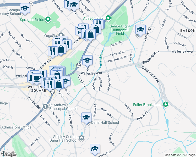 map of restaurants, bars, coffee shops, grocery stores, and more near 27 Marvin Road in Wellesley