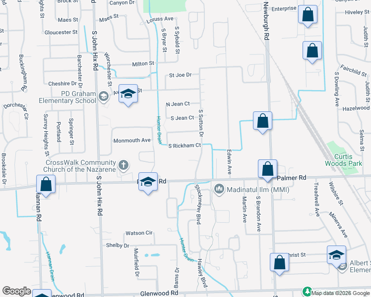 map of restaurants, bars, coffee shops, grocery stores, and more near 38231 South Rickham Court in Westland